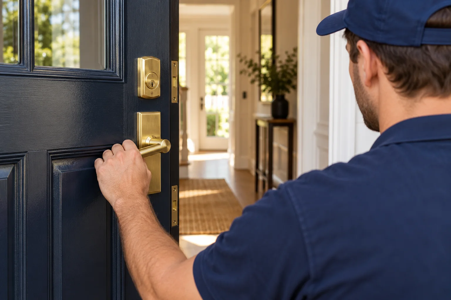 Illustrative scene of a tradesperson inspecting brass hardware on an open navy front door.